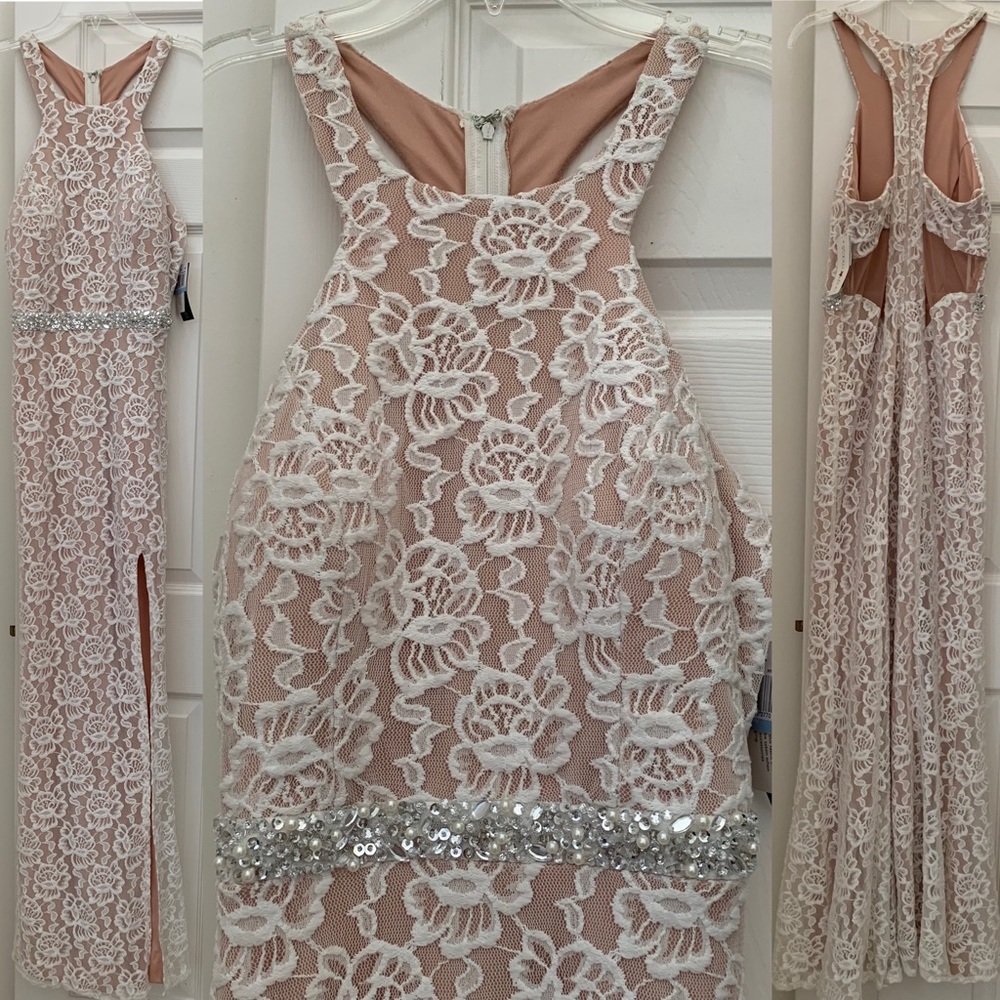 PROM? 😍 NWT White Floral Lace Halter Gown Beaded Belt Juniors 5 Nude Lining